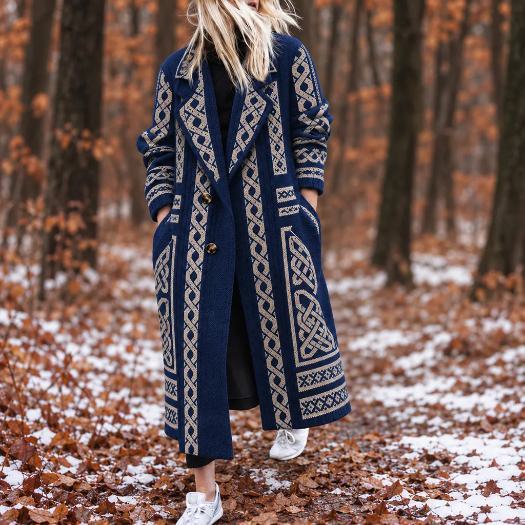 Comstylish Women's Vintage Celtic Knot Art Print Warm Wool-blend Coat