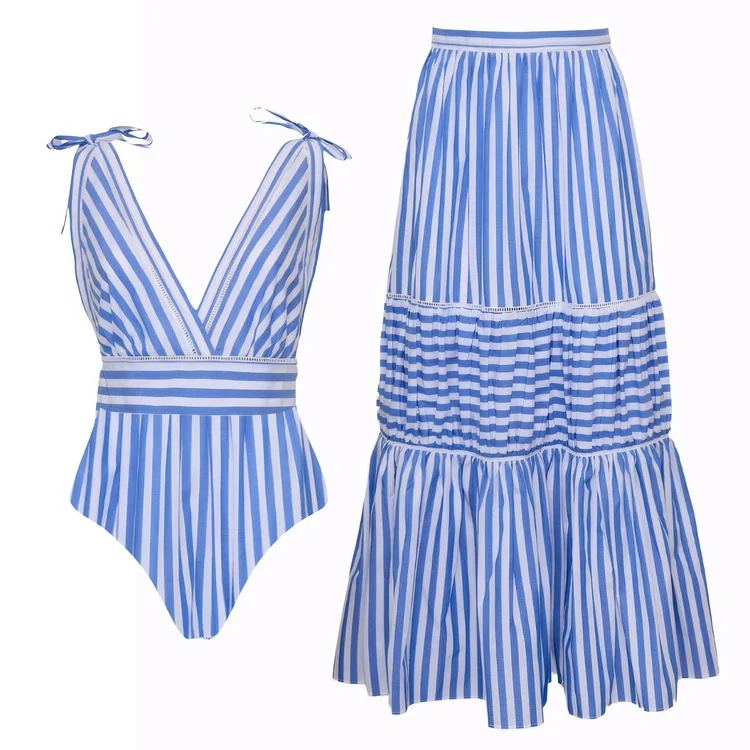 Bowknot Striped Print One Piece Swimsuit and Skirt