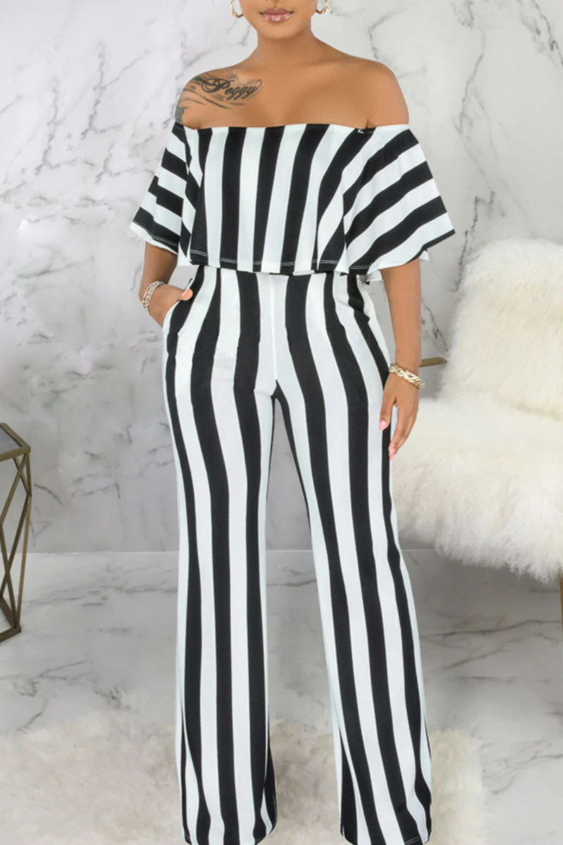 Fashion Casual Striped Print Split Joint Off the Shoulder Straight Jumpsuits