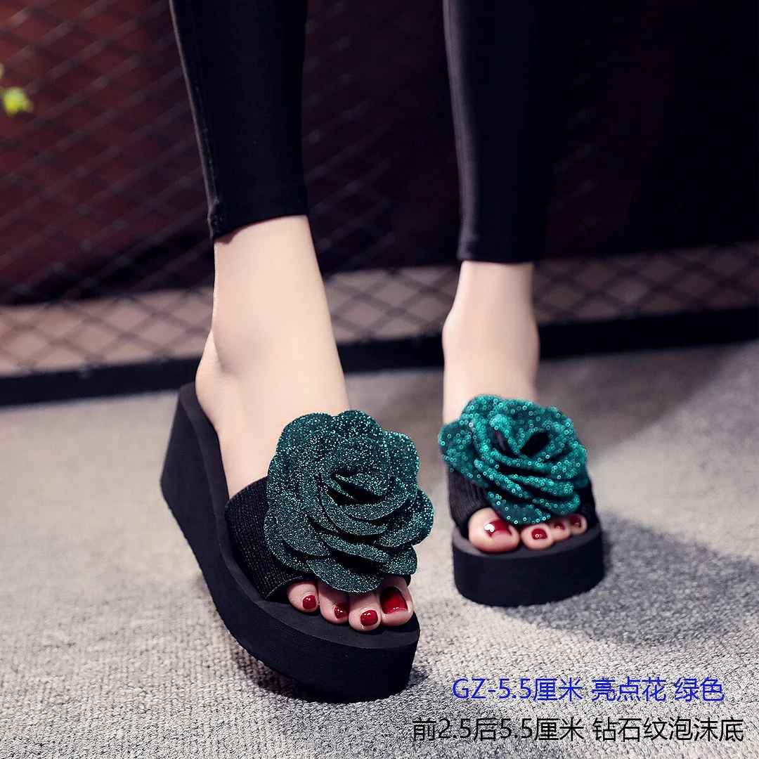 High Heel Wedges Slippers For Elegant Women Summer Romantic Valentine Beach Casual Shoes Female Outdoor Open Toe Flower Slipper