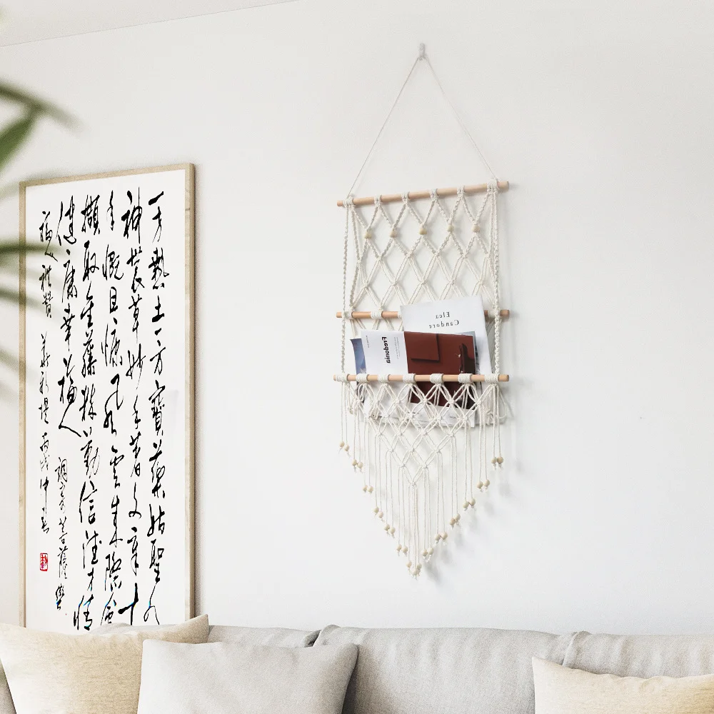 Nigikala Nigikala Bohemian Wind Hand-Woven Tapestry Wall Storage Net Pocket Three Layers Of Cotton Rope Tassel Installed