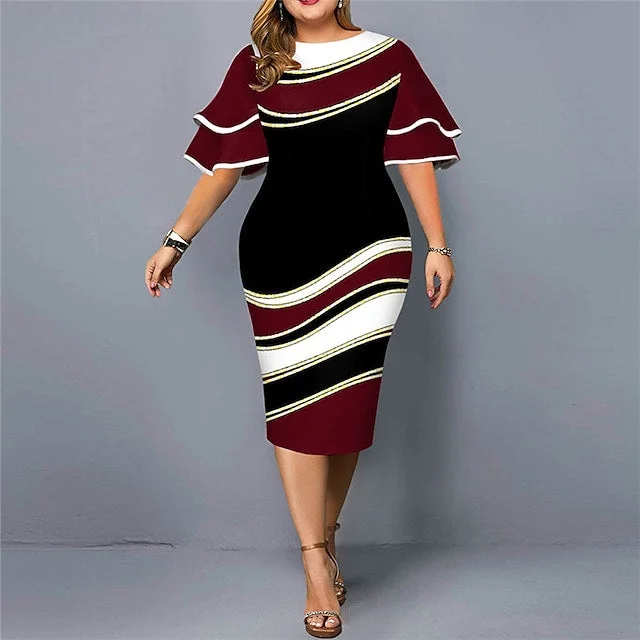 Women's Pencil Dress Color Block Round Neck Ruffle Short Sleeve Plus Size Sheath Dress