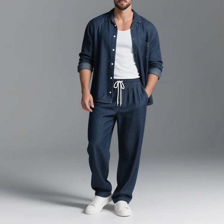 Okaywear Tencel Denim Long Sleeve Shirt & Drawstring Pants 2Pcs Set 
