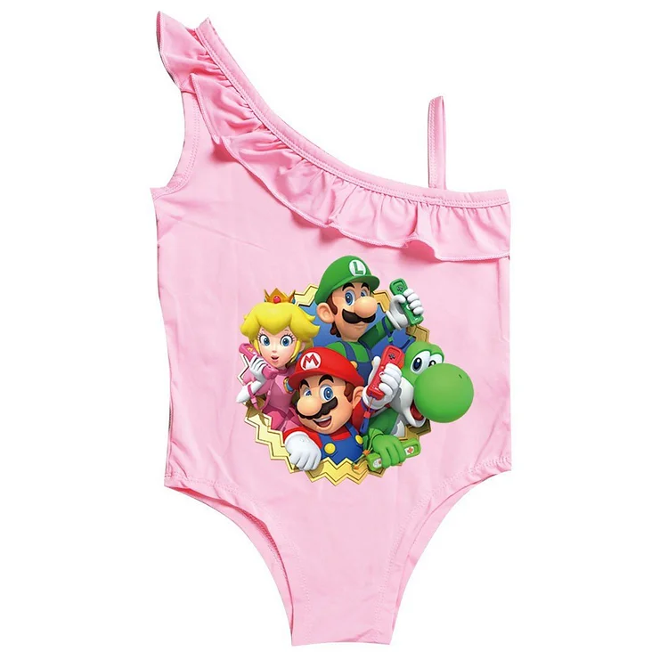 Mayoulove Girls Super Mario Bros Print One Piece Ruffle Shoulder Swimsuit-Mayoulove