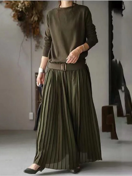 Belt Solid Pullover Knit Panel Pleated Dress