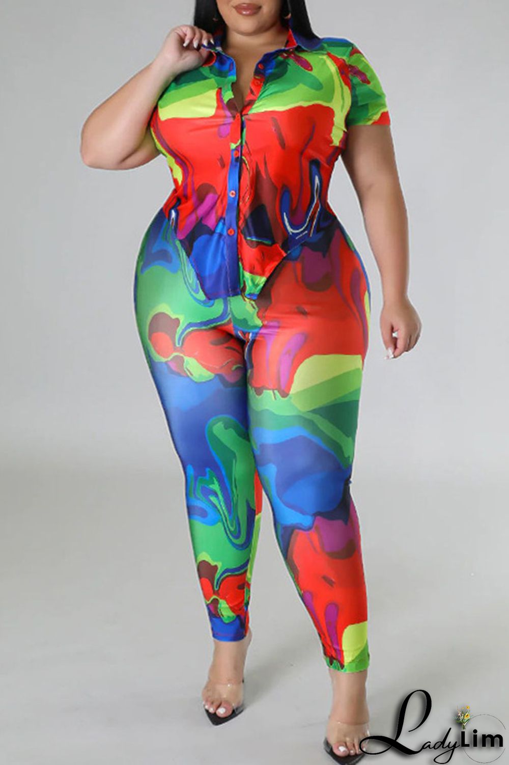 Red Casual Street Print Patchwork Buckle Asymmetrical Turndown Collar Plus Size Two Pieces