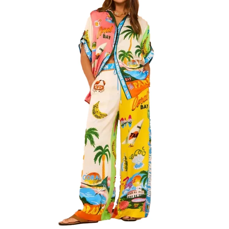 Uveng Uveng 2024 Women's Print Elastic Waist Pocket Wide Leg Pants Casual Fashion Suit Women