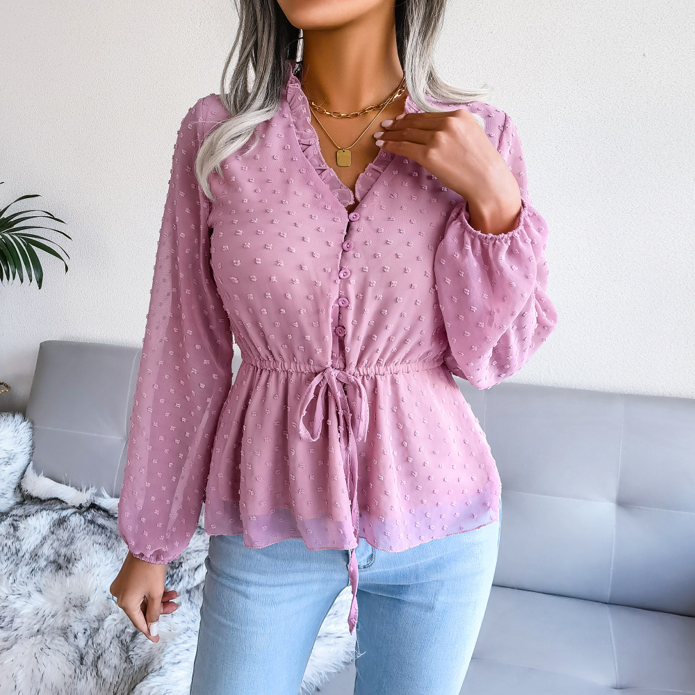 V Neck Balloon Long Sleeve Tops Casual Solid Color Tops Fashion Blouses & Shirts