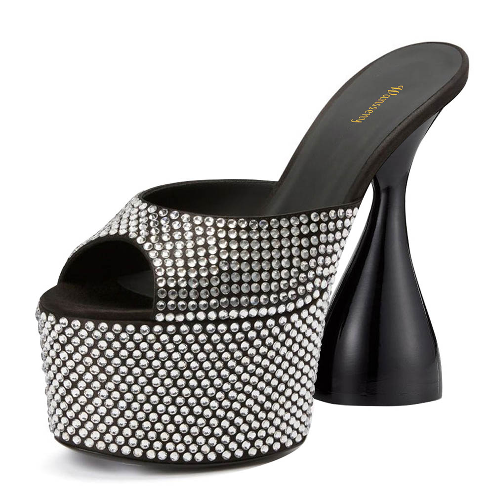 Black Peep Toe Platform Sculptural Heel Rhinestone Sandals for Women Nicepairs