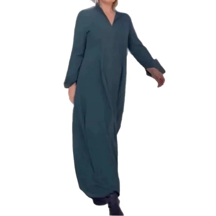 Uveng Uveng Autumn And Winter New Leisure Loose Solid Color V Collar Long-Sleeved Dress Women