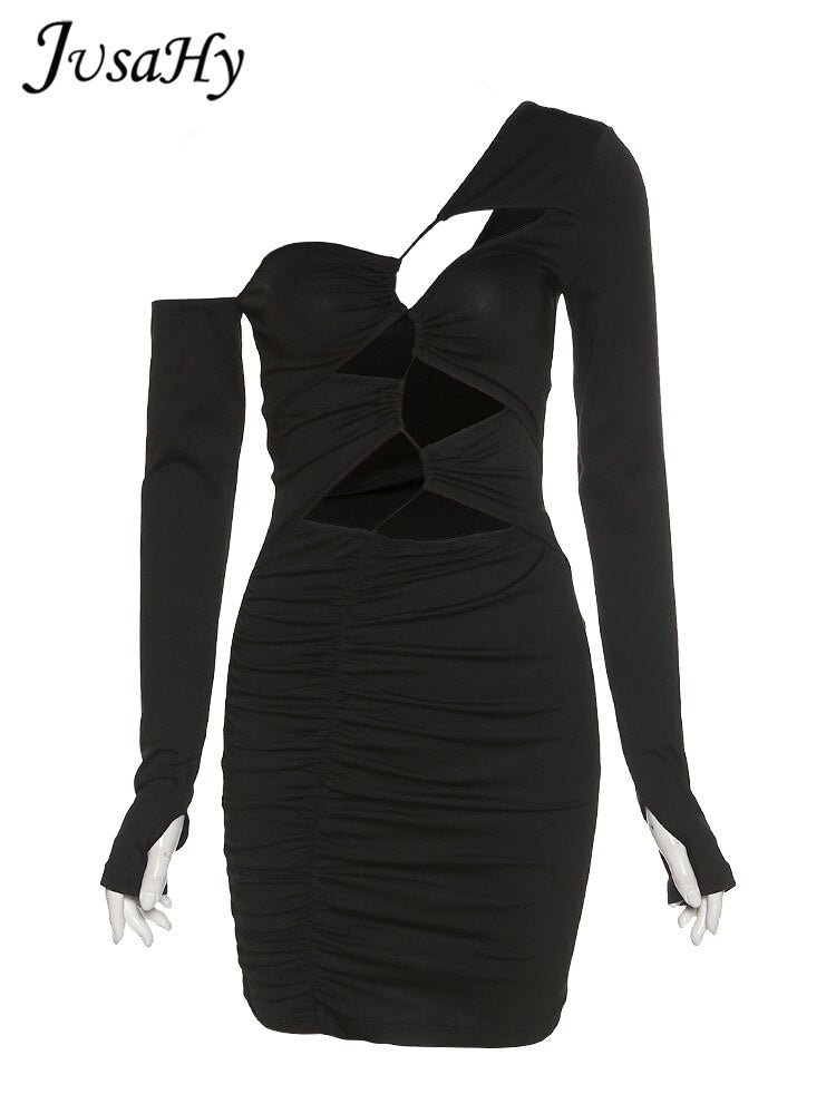 JuSaHy Sexy Black Hollow Out Pleat Mini Dress for Women Fashion Long Sleeves Stretchy Slim Dress Midnight Party Clubwear Hot