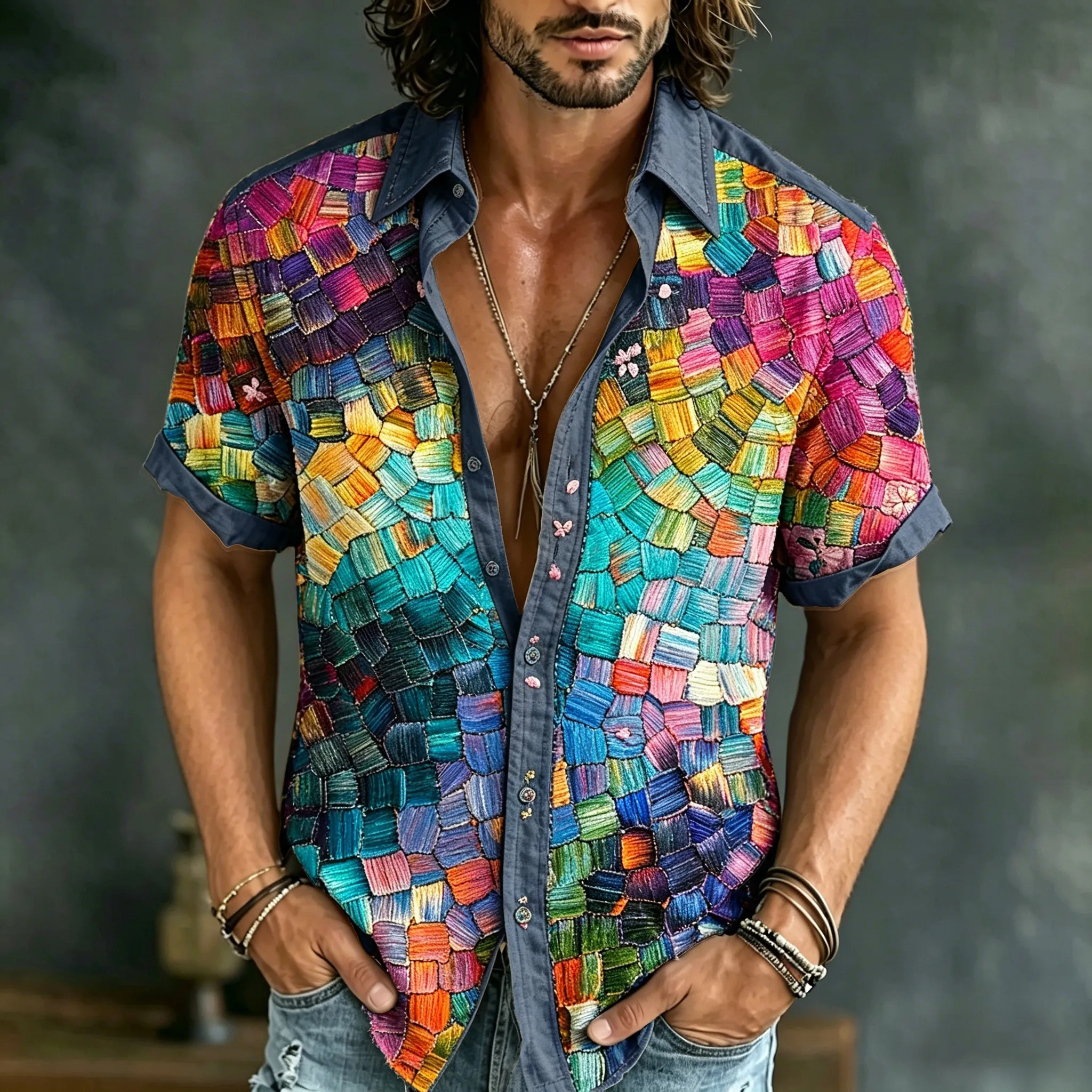 Men's Retro Abstract Geometric Pattern Casual Linen Short-sleeve Shirt  artssus