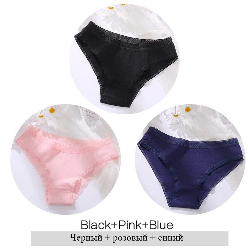 FINETOO Women Cotton Panties Sexy Lace Briefs 3Pcs/set Ladies Low Waist Underpants Comfortable Girls Underwear M-2XL Lingerie