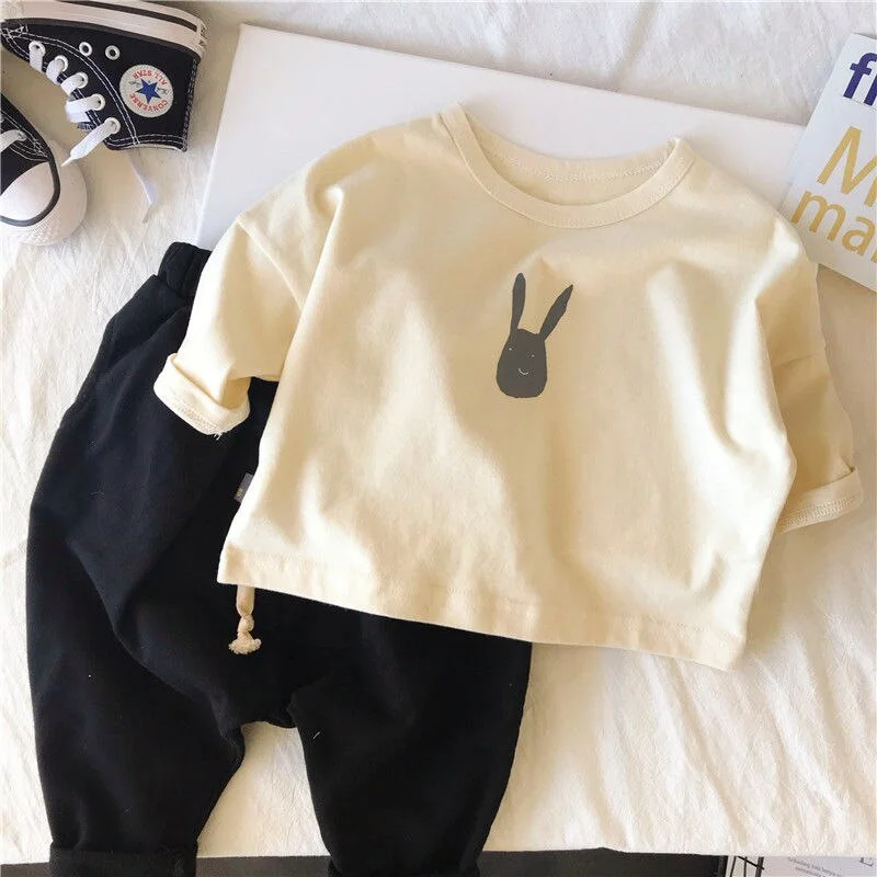 Summer Baby Boy Girl Cotton Cartoon T-Shirt Infant Toddler Child Shirt Long Sleeve Round Neck Tee Top Rabbit Baby Clothes 1-7Y
