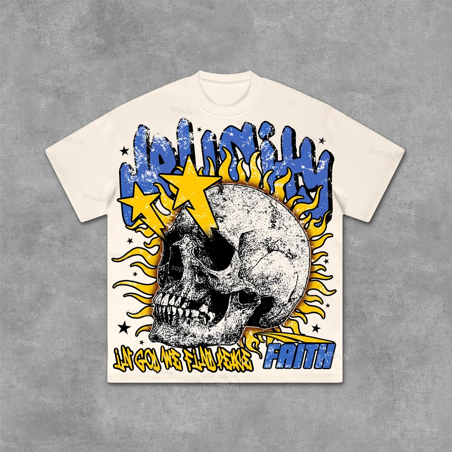 Flame Skull & Hell City Faith Vintage Old Graphic Cotton T-Shirt
