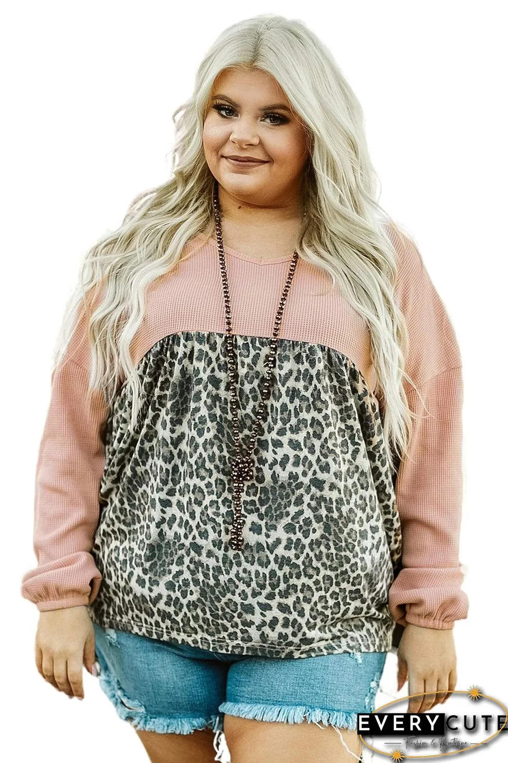 Pink V Neck Waffle Knit Leopard Splicing Plus Size Top