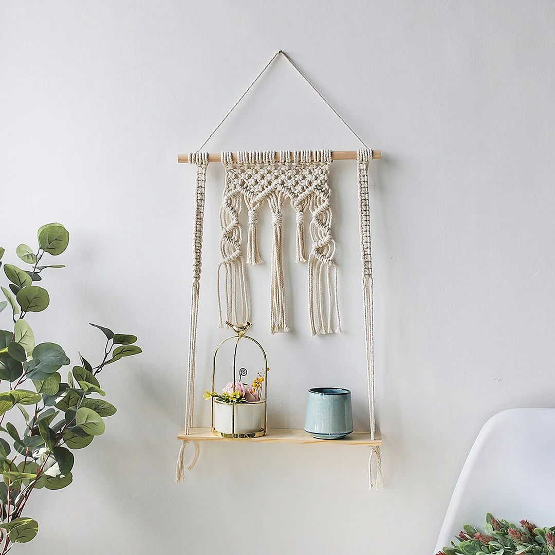 Macrame Wall Hanging Plant Decor Shelf Indoor Outdoor Floating Wood shelves Decorative Hand Made Rope Boho Shelving for Plants