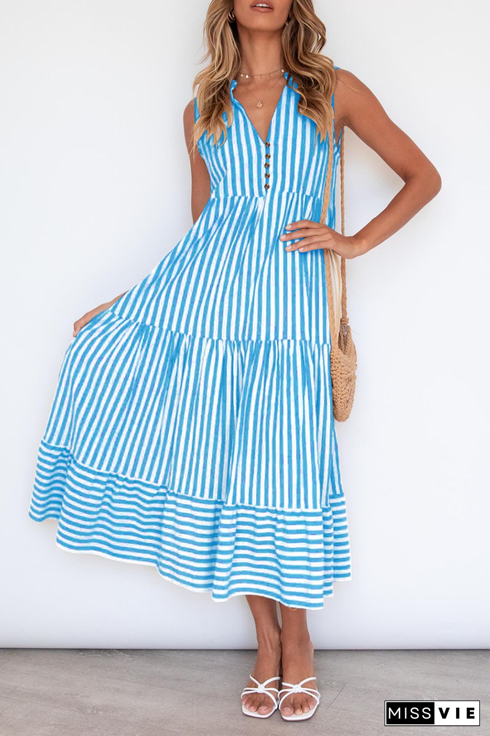 Casual Elegant Striped Flounce Without Belt V Neck A Line Dresses
