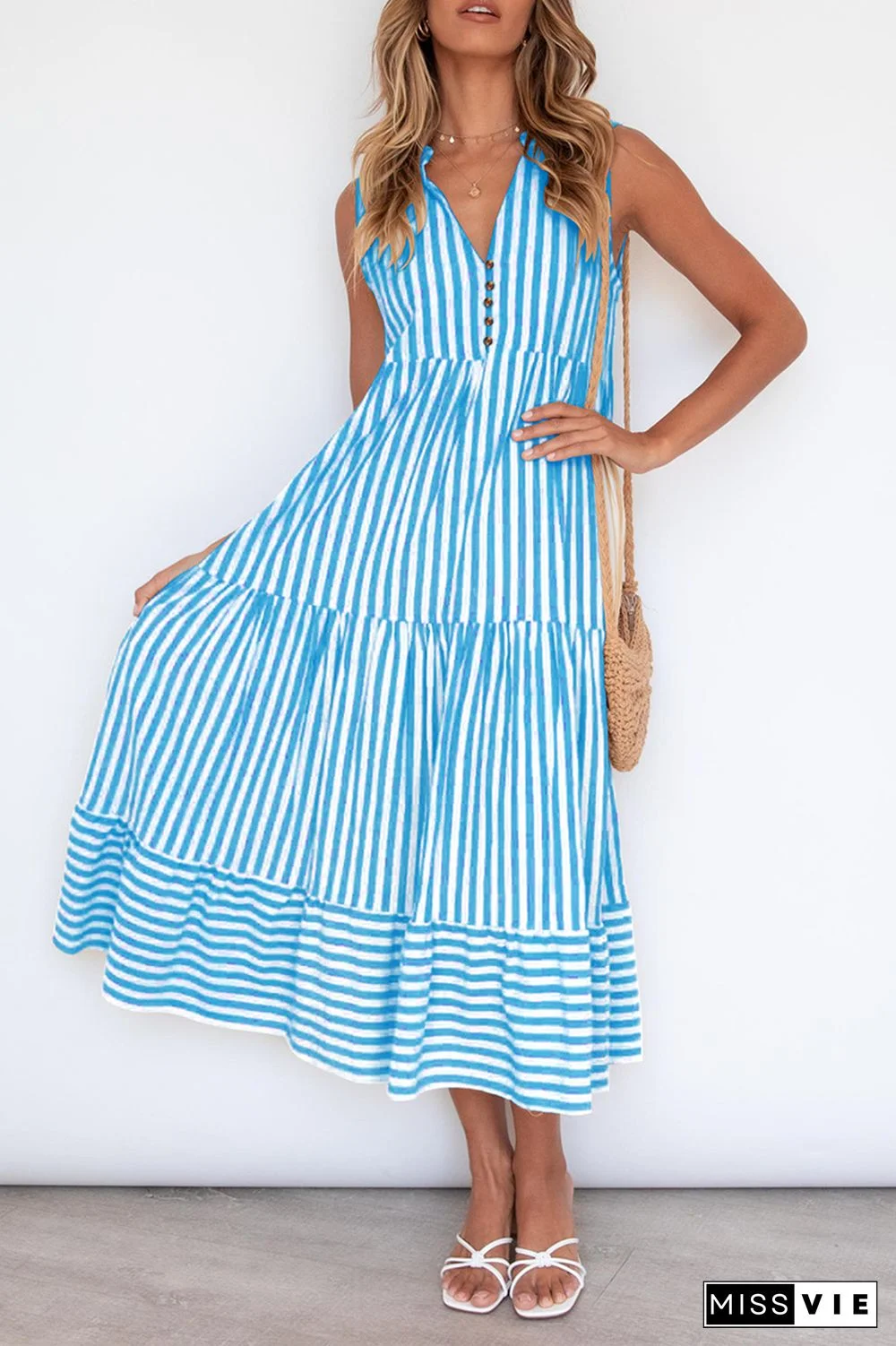 Casual Elegant Striped Flounce Without Belt V Neck A Line Dresses
