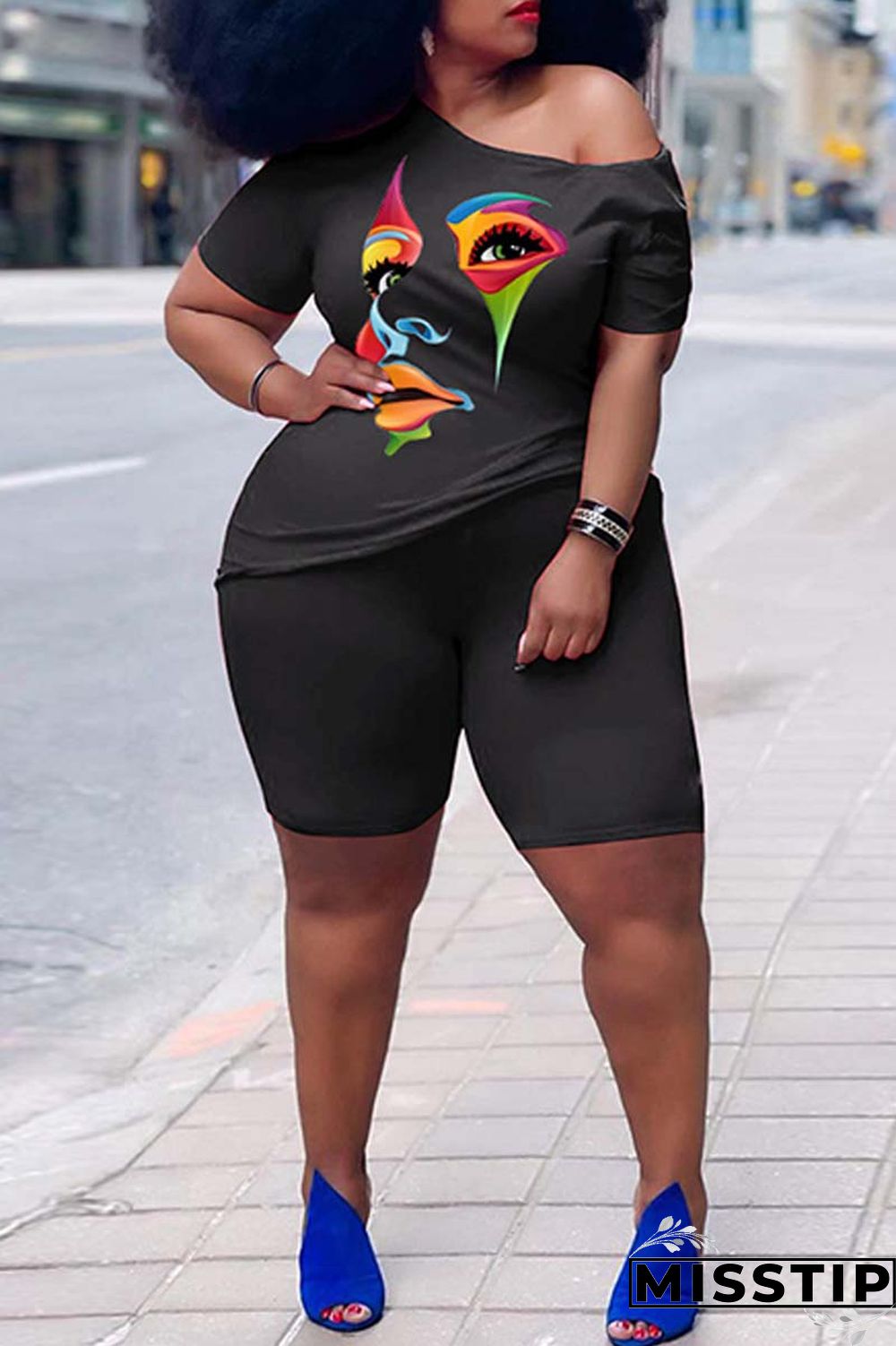 Orange Casual Print Basic Oblique Collar Plus Size Two Pieces