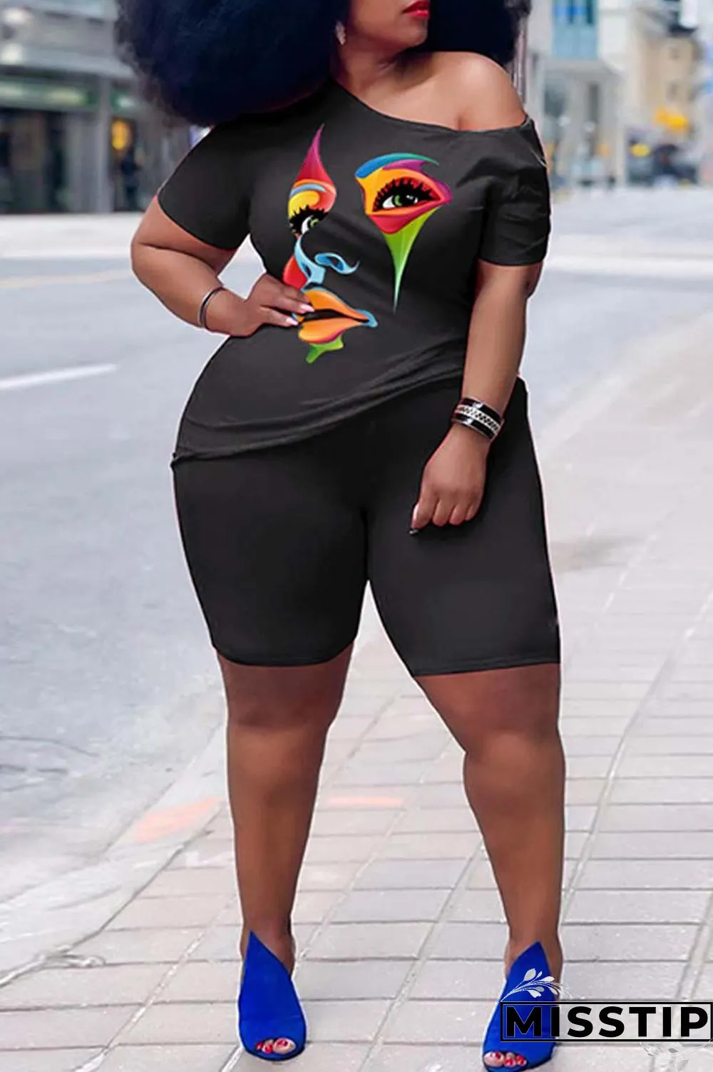 Orange Casual Print Basic Oblique Collar Plus Size Two Pieces