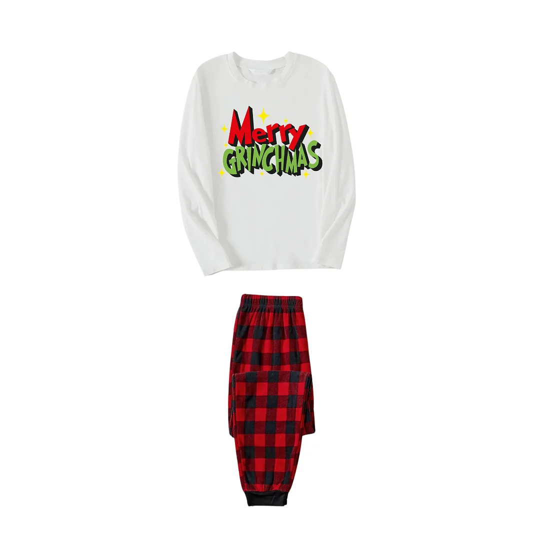 "Merry Grinchmas" Letter Print White Long Sleeve Top with Red & Black Plaid Pants Family Matching Pajamas