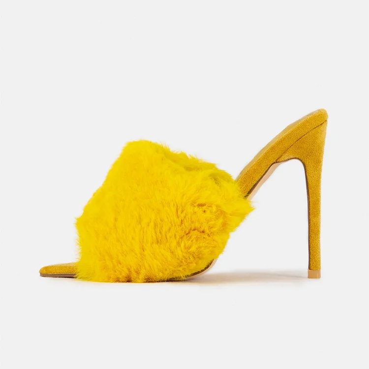 Yellow Peep Toe Stiletto Heel Faux Fur Trending Mules Shoes |FSJ Shoes