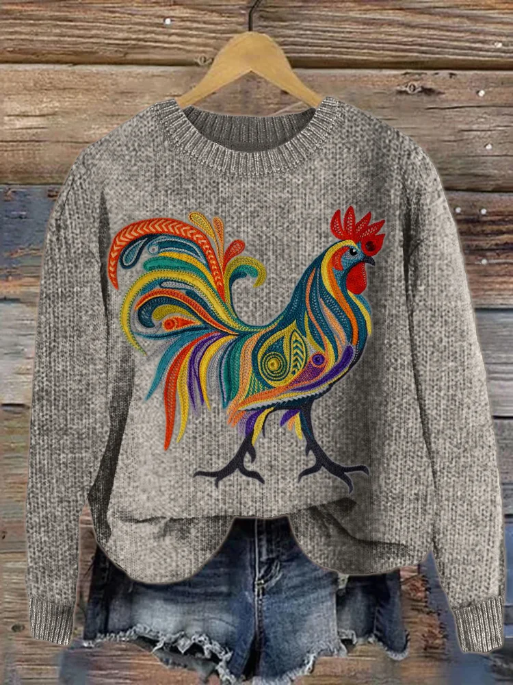 VChics Colorful Rooster Embroidery Art Cozy Knit Sweater