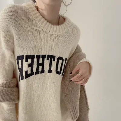 Nigikala Nigikala Dongdaemen Net Red Retro Letter Sweater Women Autumn And Winter Loose Lazy Wind Dopamine Round Knitted Shirt
