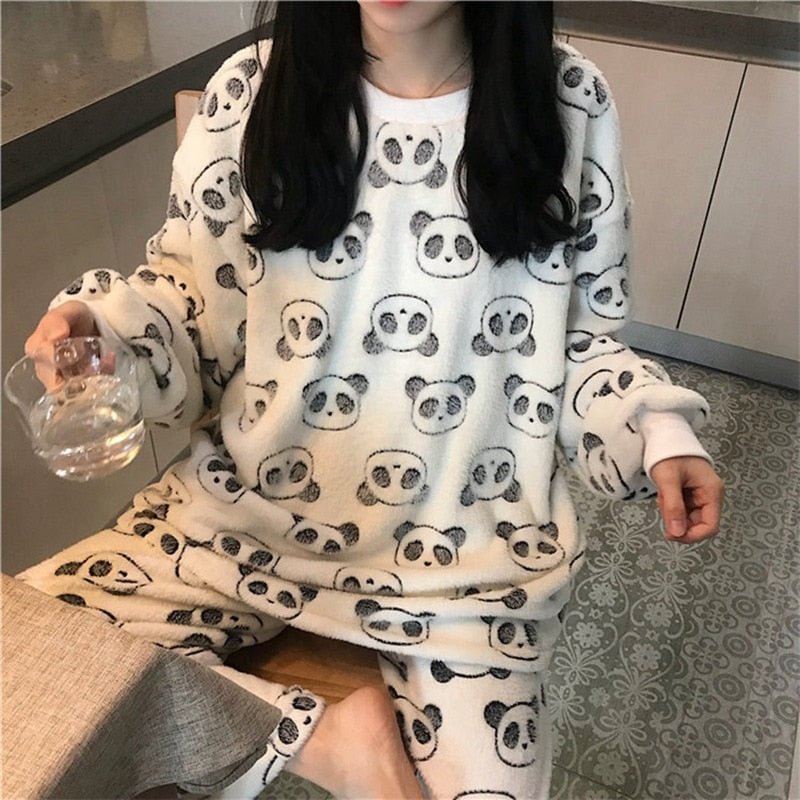Autumn Winter Women Sleep Lounge Pajama Long Sleeved Korean Pajama Set Warm Flannel Cartoon Pyjamas Thin Velvet Girls Sleepwear