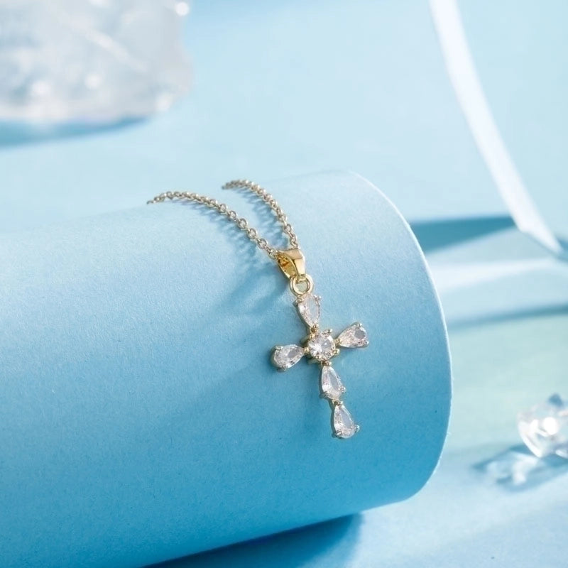 Stainless Steel Titanium Steel 18K Gold Plated Elegant Plating Inlay Cross Heart Shape Flower Zircon Pendant Necklace