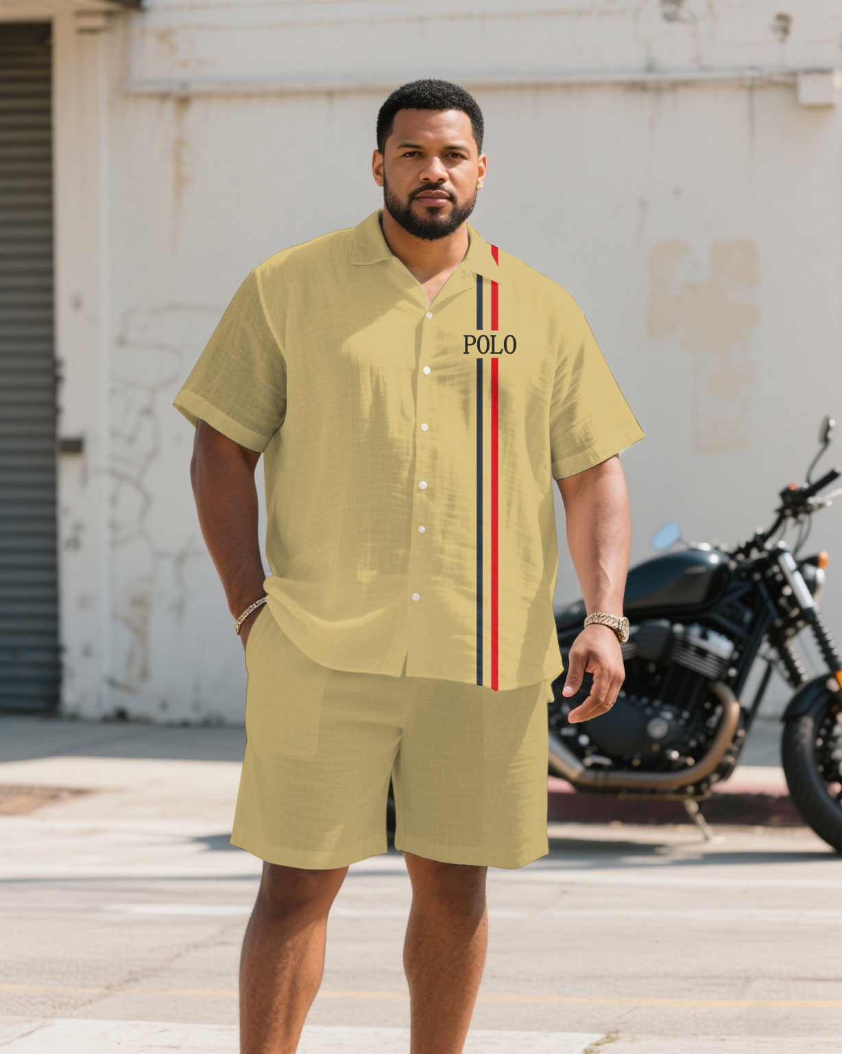 Men's Plus Size Shallow Khaki Chest Small Label Short Sleeve Shirt Shorts Suit