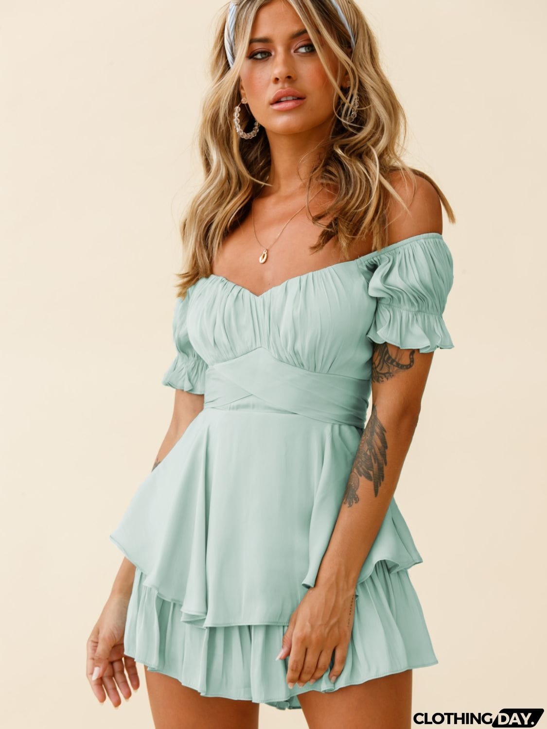 Off Shoulder Flounce Sleeve Mini Dress