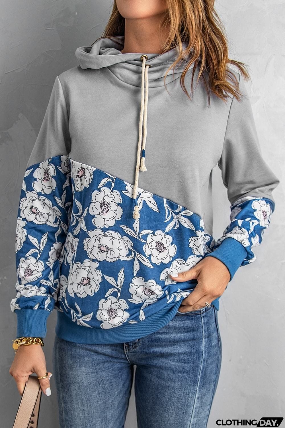 Women's Gray Floral Splicing Cowl Neck Hoodie
