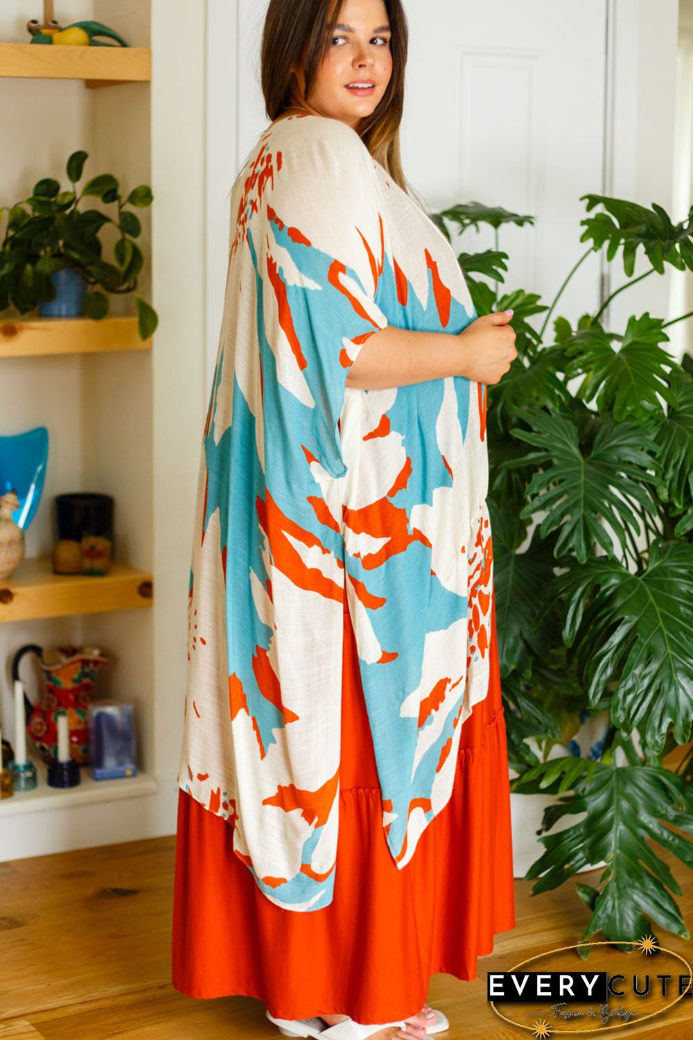 Sky Blue Plus Size Abstract Print Sweeping Kimono