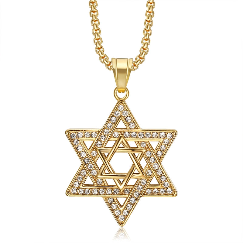 Hip-Hop Hexagram Titanium Steel Plating Rhinestones 18K Gold Plated Men's