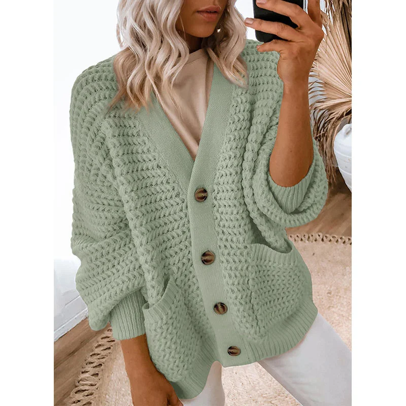 Athvotar Athvotar And Winter New Single-Dbutton V-Neck Sweater Women Loose Lantern Sleeve Jacket