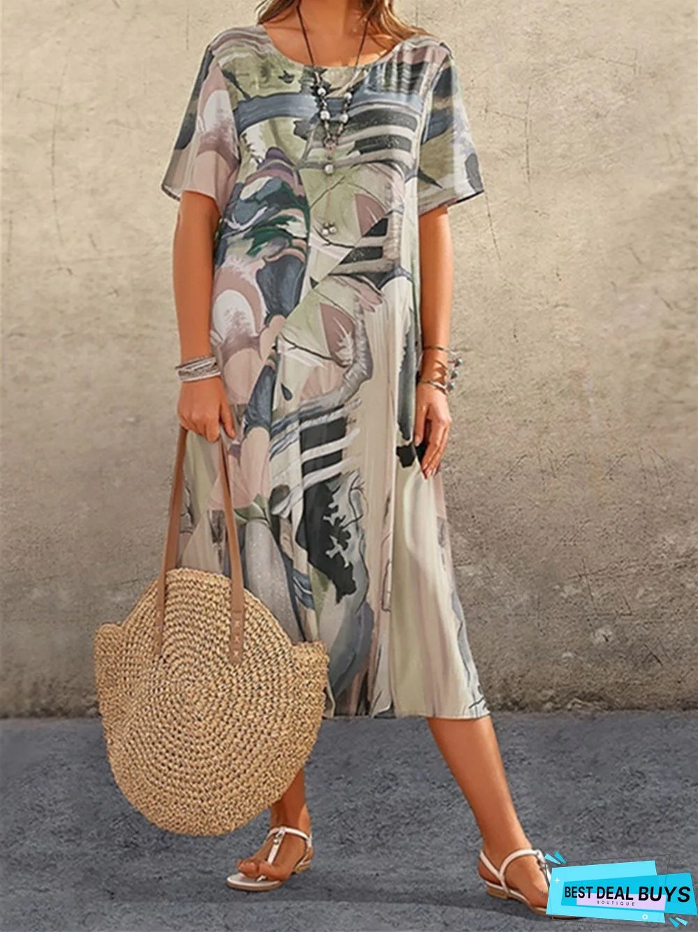Fashion Casual Print Dress Short Sleeved Beach Dress