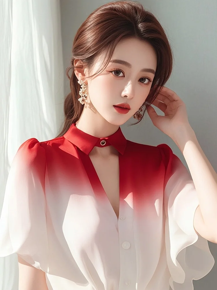 Athvotar Athvotar Year's Popular Unique Beautiful Gradient Shirt Female Light Familiar French Small Short-Sleeved Fairy Air Fluttering Snowfleet Blouse Summer