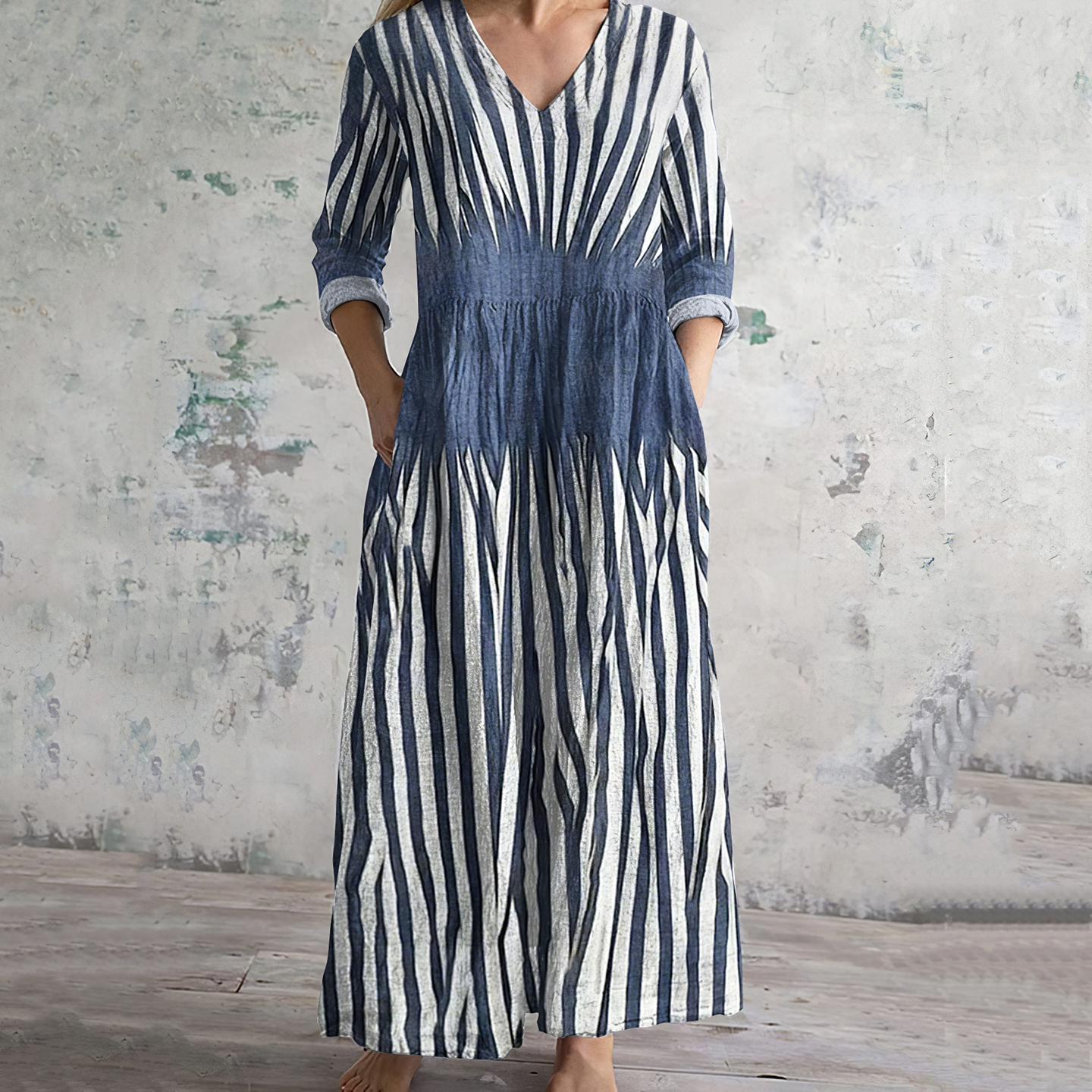 Comstylish Stripes Art Print V-neck Linen Blend Midi Dress