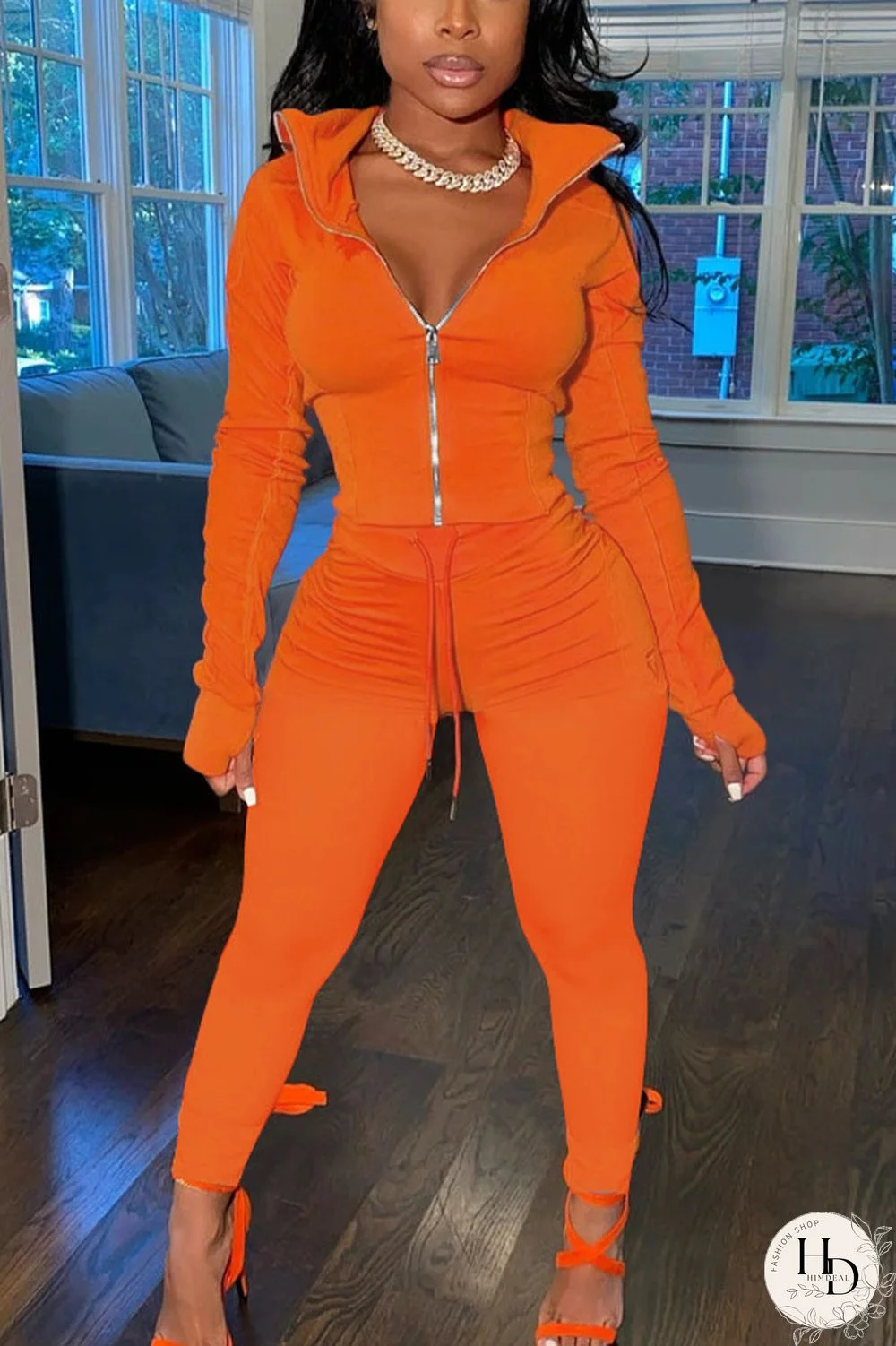 Red Sportswear Solid Split Joint Zipper Collar Long Sleeve Two Pieces