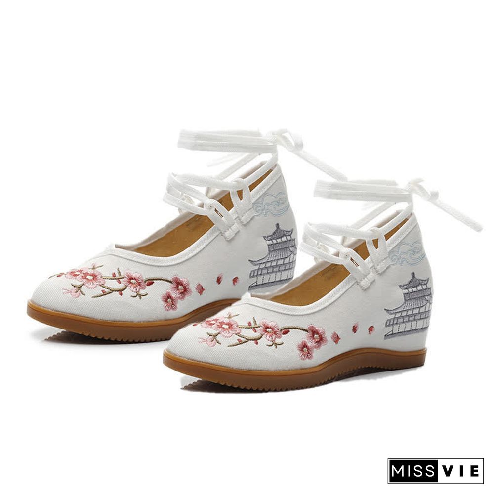 Vintage Blossom Embroidery Lace Up Flats Shoes