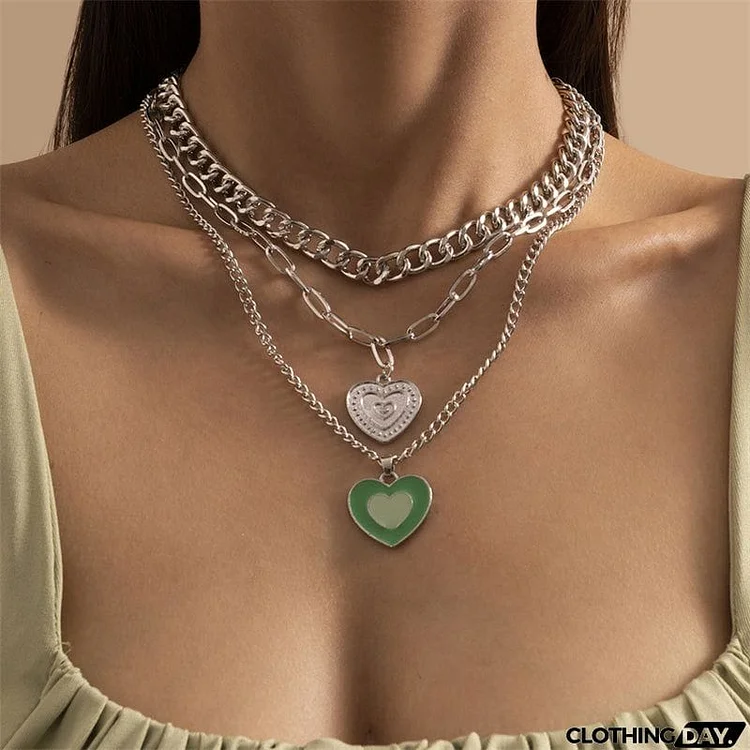 Women's Multi-layer Peach Heart Drop Oil Pendant Necklace Jewelry