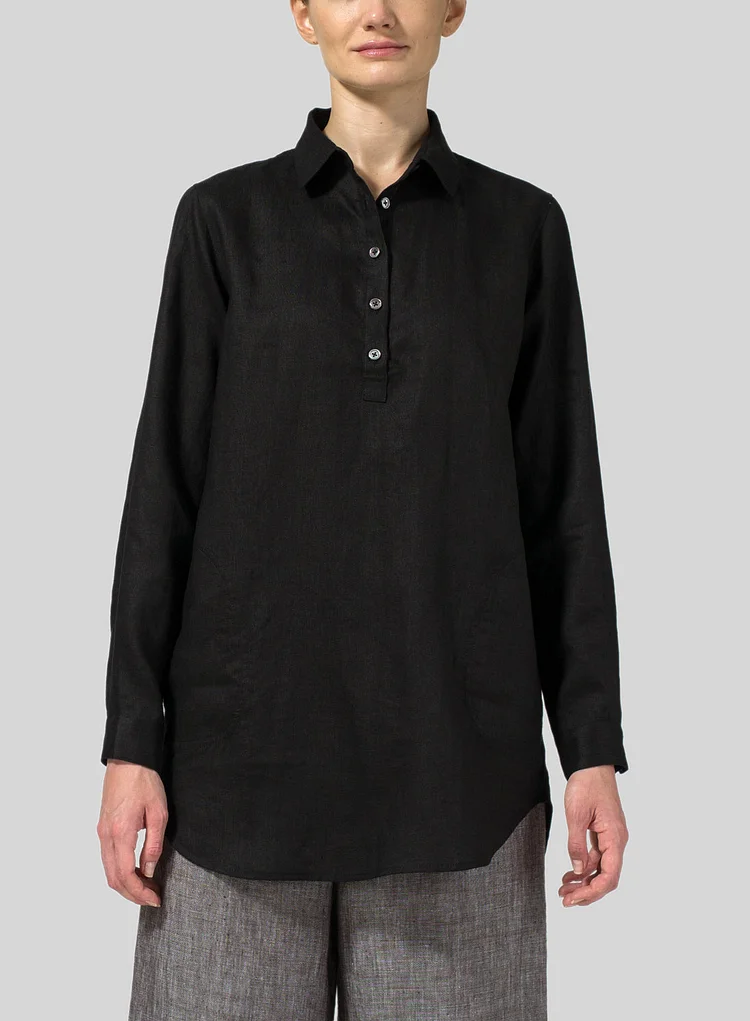 Womens Linen Classic Collar Half Button-Up Shirt