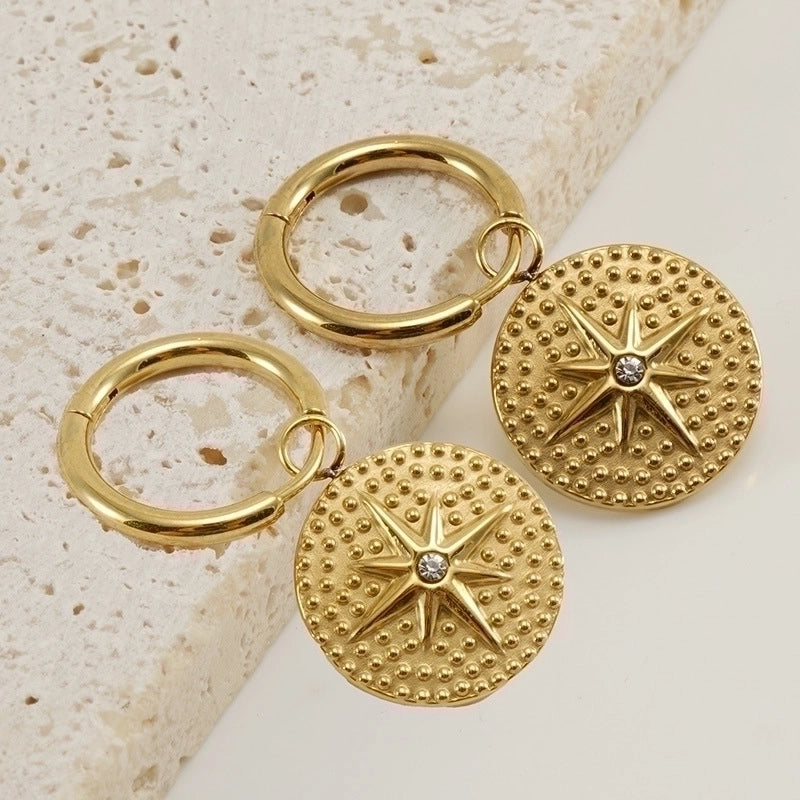 1 Pair Retro Round Water Droplets Snake Inlay 304 Stainless Steel Artificial Gemstones Turquoise 18K Gold Plated Stainless Steel Earrings