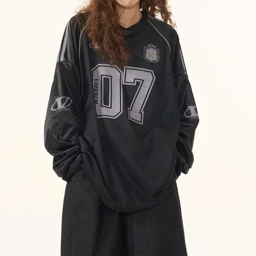 Aonga Harajuku Letter Print Long Sleeved Oversized T shirt Gothic Retro Y2k Knitted Loose Sweatshirt Mesh Breathable Tops Streetwear aonga