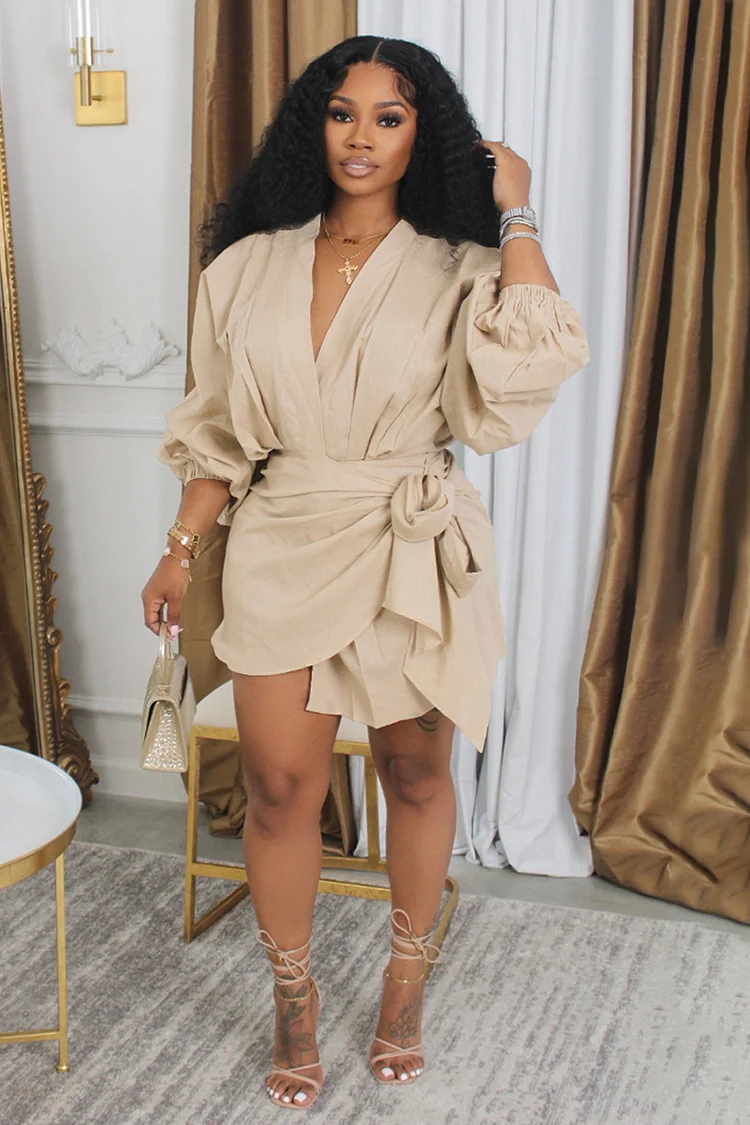 V Neck Lantern Sleeve Tie Up Ruched Irregular Mini Dresses-Khaki