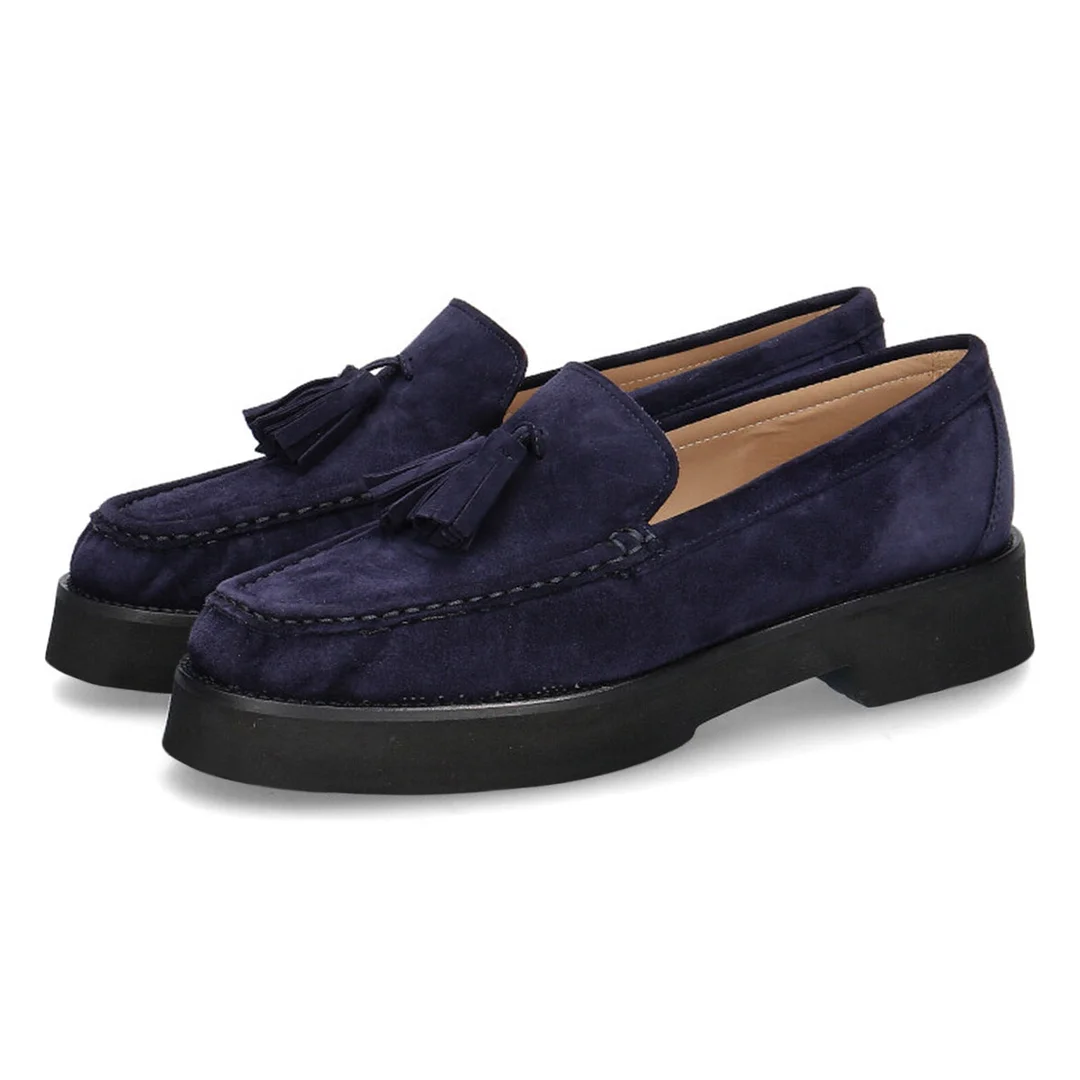 Navy Vegan Suede Slip-On Round Toe Platform Loafers with Fringe