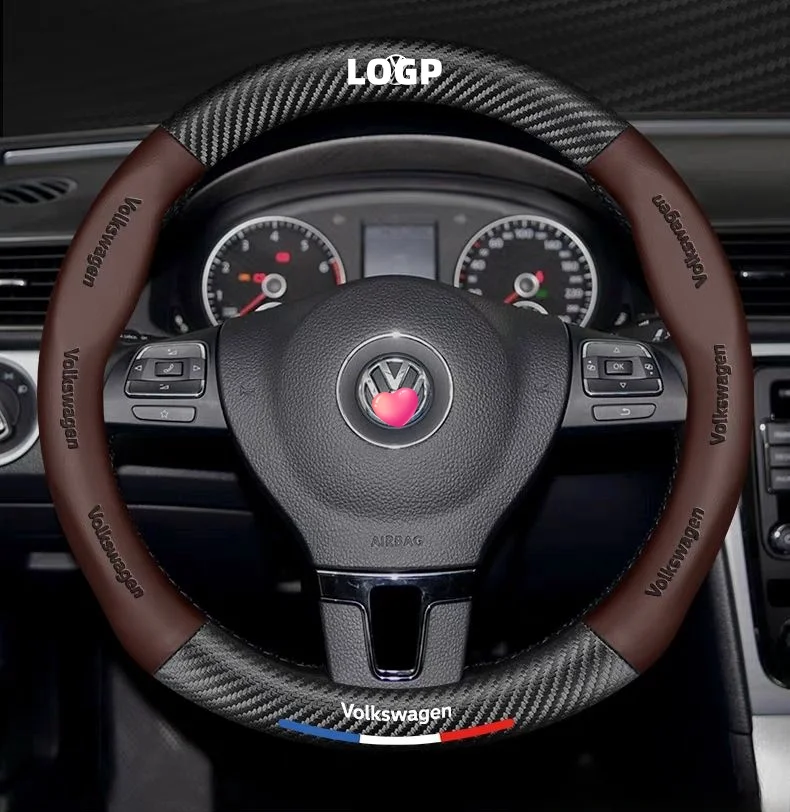 Customized car logo carbon fiber leather steering wheel cover