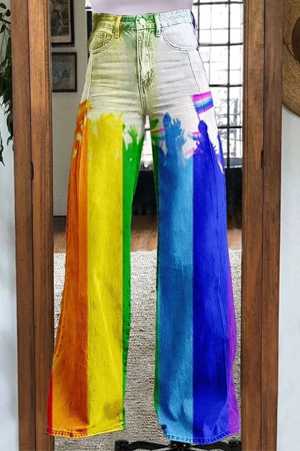 Casual   Rainbow Stripe Print Wide-Leg Trousers